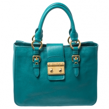 Pre Owned Miu Miu Blue Leather Medium Madras Tote