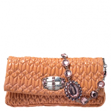 Pre Owned Miu Miu Orange Metallase Patent Leather Crystal Flap Shoulder Bag