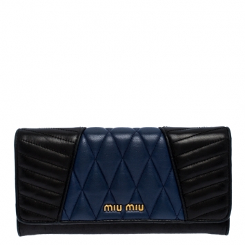 Pre Owned Miu Miu Black/Blue Nappa Matelasse Leather Biker Flap Wallet