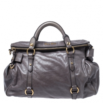 Pre Owned Miu Miu Dark Grey Vitello Lux Leather Bow Satchel