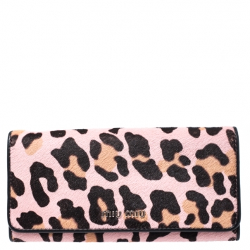 Pre Owned Miu Miu Pink Leopard Print Calfhair Flap Continental Wallet