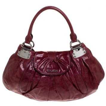 Pre Owned Miu Miu Maroon Crinkled Leather Pleated Tote