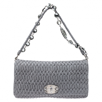 Pre Owned Miu Miu Grey Matelasse Nappa Leather Crystal Shoulder Bag