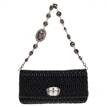 Pre Owned Miu Miu Black Matelasse Leather Crystal Shoulder Bag