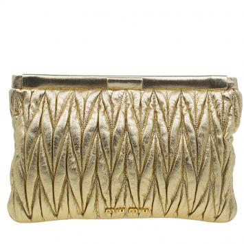 Pre Owned Miu Miu Gold Matelasse Leather Frame Clutch 