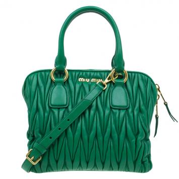 Pre Owned Miu Miu Green Matelasse Leather Small Bauletto Top Handle Bag