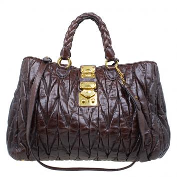 Pre Owned Miu Miu Bruciato Leather Large Matelasse Tote Shoulder Bag