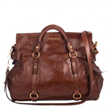 Pre Owned Miu Miu Dark Brown Vitello Lux Leather Bow Top Handle Bag