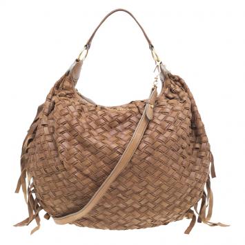 Pre Owned Miu Miu Brown Woven leather Fringe Hobo