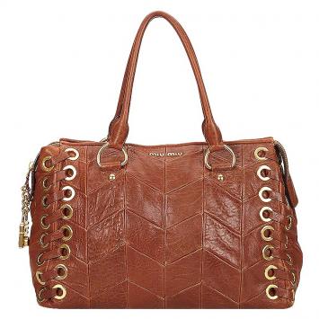 Pre Owned Miu Miu Brown Studded Leather Tote Bag