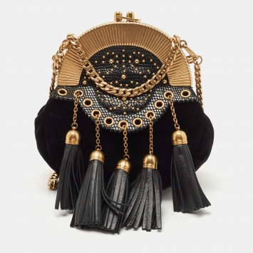 Pre Owned Miu Miu Black Velvet Tassel And Eyelet Embellished Studded Frame Chain Clutch 