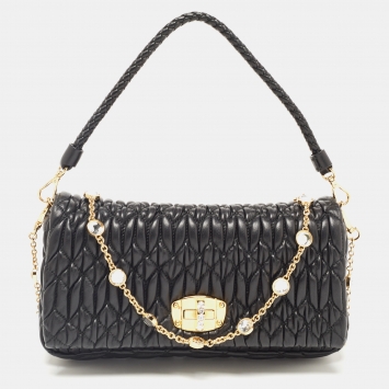 Pre Owned Miu Miu Black Cloqué Leather Crystals Embellished Flap Shoulder Bag