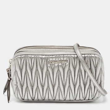 Pre Owned Miu Miu Metallic Grey Matelassé Leather Double Zip Crossbody Bag