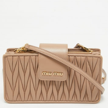 Pre Owned Miu Miu Beige Matelasse Leather Phone Crossbody Bag