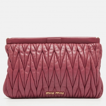 Pre Owned Miu Miu Dark Pink Matelassé Leather Frame Clutch