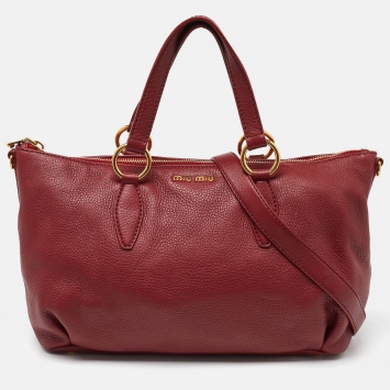 Pre Owned Miu Miu Red Pebbled Leather Zip Convertible Tote