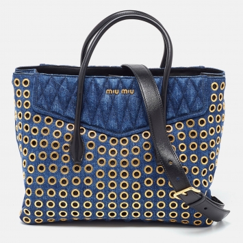 Pre Owned Miu Miu Blue Matelassé Denim Grommet Tote