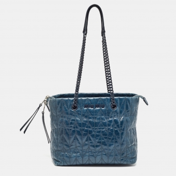 Pre Owned Miu Miu Dark Blue Matelassé Vitello Shine  Leather Tote