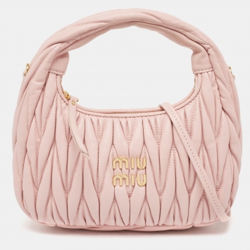 Pre Owned Miu Miu Pink Matelassé Leather Mini Wander Hobo
