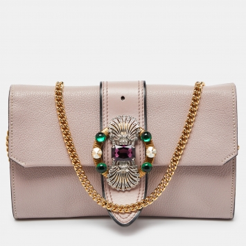 Pre Owned Miu Miu Dusty Pink Leather Crystal Embellished Buckle Flap Chain Clutch