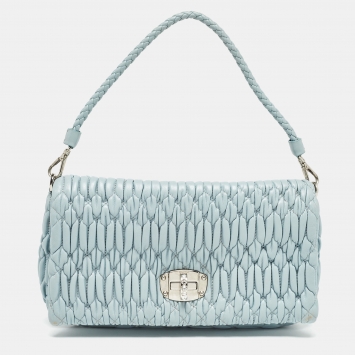 Pre Owned Miu Miu Light Blue Matelassé Leather Crystals Buckle Baguette Bag