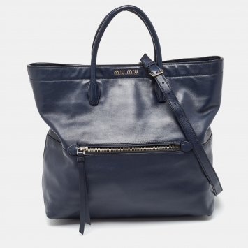 Pre Owned Miu Miu Navy Blue Vitello Soft Leather Front Pocket Shopper Tote