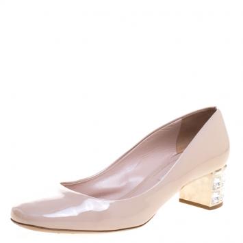 Pre Owned Miu Miu Beige Patent Leather Jeweled Block Heel Pumps Size 39.5
