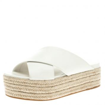 مملوكة مسبقًا Miu Miu White Leather Cross Strap Espadrille Platform Sandals Size 36.5