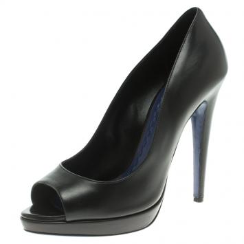 Pre Owned Miu Miu Black Leather Peep Toe Platform Pumps Size 38
