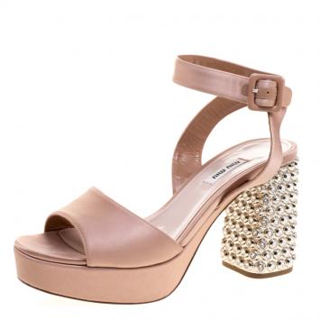 Pre Owned Miu Miu Blush Pink Satin Crystal Embellished Block Heel Ankle Strap Sandals Size 40