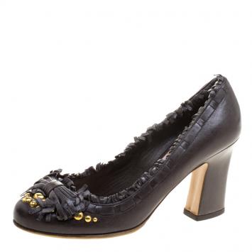 Pre Owned Miu Miu Dark Grey Leather Studded Fringe Bow Detail Pumps Size 38