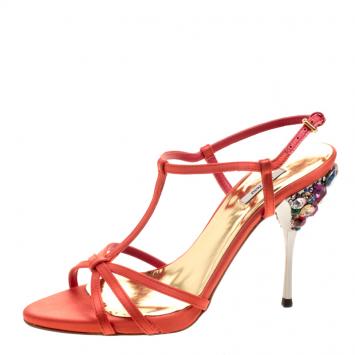 Pre Owned Miu Miu Orange Satin Crystal Embellished Heel T Strap Sandals Size 36.5