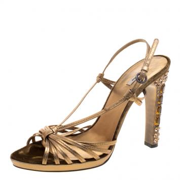 Pre Owned Miu Miu Metallic Bronze Leather Crystal Embellished Heel Strappy Sandals Size 39