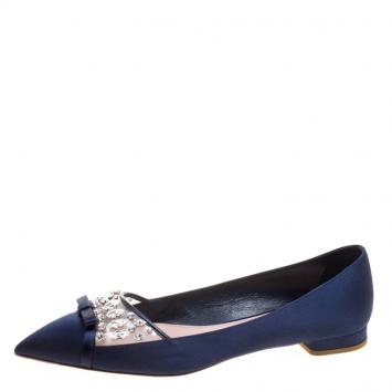 Pre Owned Miu Miu Blue Satin Jeweled Pointed Toe Ballet Flats Size 40.5