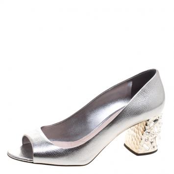 Pre Owned Miu Miu Metallic Silver Leather Crystal Embellished Peep Toe Pumps Size 40