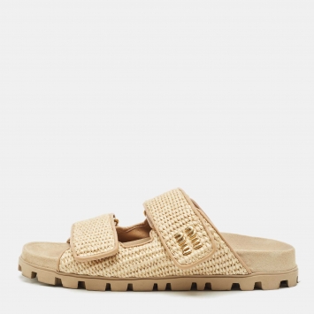 Miu Miu Beige Woven Raffia Effect Flat Slide Sandals Size 37