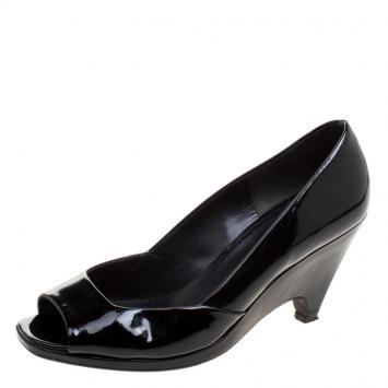 Pre Owned Miu Miu Black Patent Leather Peep Toe Wedge Pumps Size 39