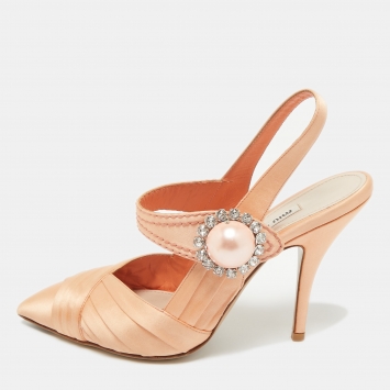 Pre Owned Miu Miu Orange Satin Pearl Crystal Embellished Slingback Pumps Size 36.5