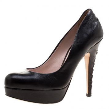Pre Owned Miu Miu Black Leather Ruched Stitch Heels Platform Pumps Size 35