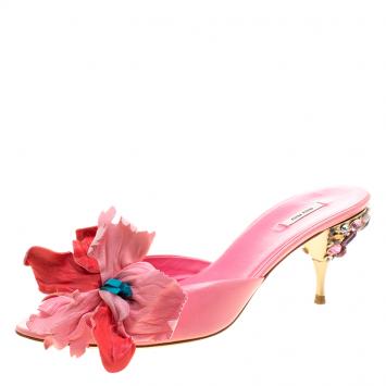 Pre Owned Miu Miu Pink Leather Crystal Embellished Heel Slides Size 38