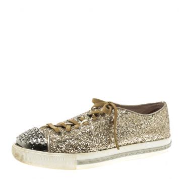 Pre Owned Miu Miu Metallic Gold Glitter Studded Cap Toe Lace Up Sneakers Size 39