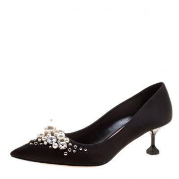 Pre Owned Miu Miu Black Satin Crystal and Pearl Embellished Pointed Toe Pumps Size 36