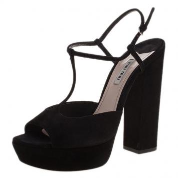 Pre Owned Miu Miu Black Suede T Bar Platform Block Heel Sandals Size 40