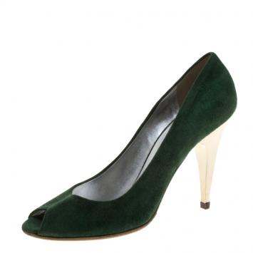 Pre Owned Miu Miu Green Suede Peep Toe Pumps Size 37.5