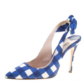Pre Owned Miu Miu Blue/White Checkered Satin Bow Detail Slingback Sandals Size 39