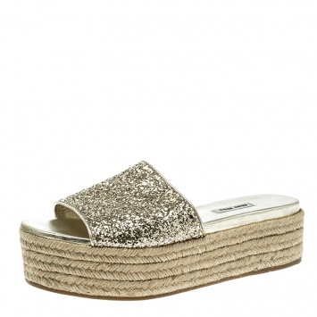 Pre Owned Miu Miu Metallic Gold Glitter Espadrille Platform Slides Size 40
