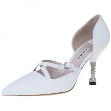 Pre Owned Miu Miu White Leather Pointed Toe Metal Heel D'Orsay Pumps Size 36.5