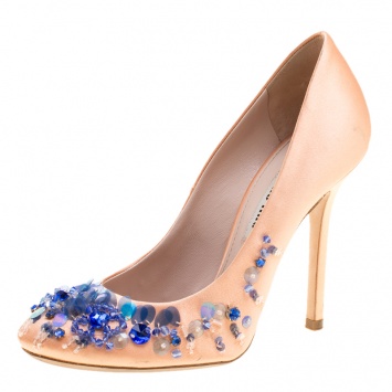 Pre Owned Miu Miu Peach Satin Embellished Pumps Size 36
