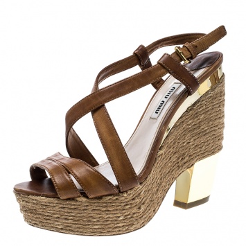 Pre Owned Miu Miu Brown Leather Espadrilles Wedge Platform Cross Strap Sandals Size 36.5