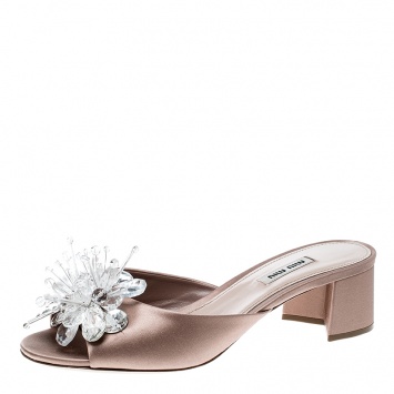 Pre Owned Miu Miu Beige Satin Crystal Embellished Peep Toe Block Heel Slides Size 39